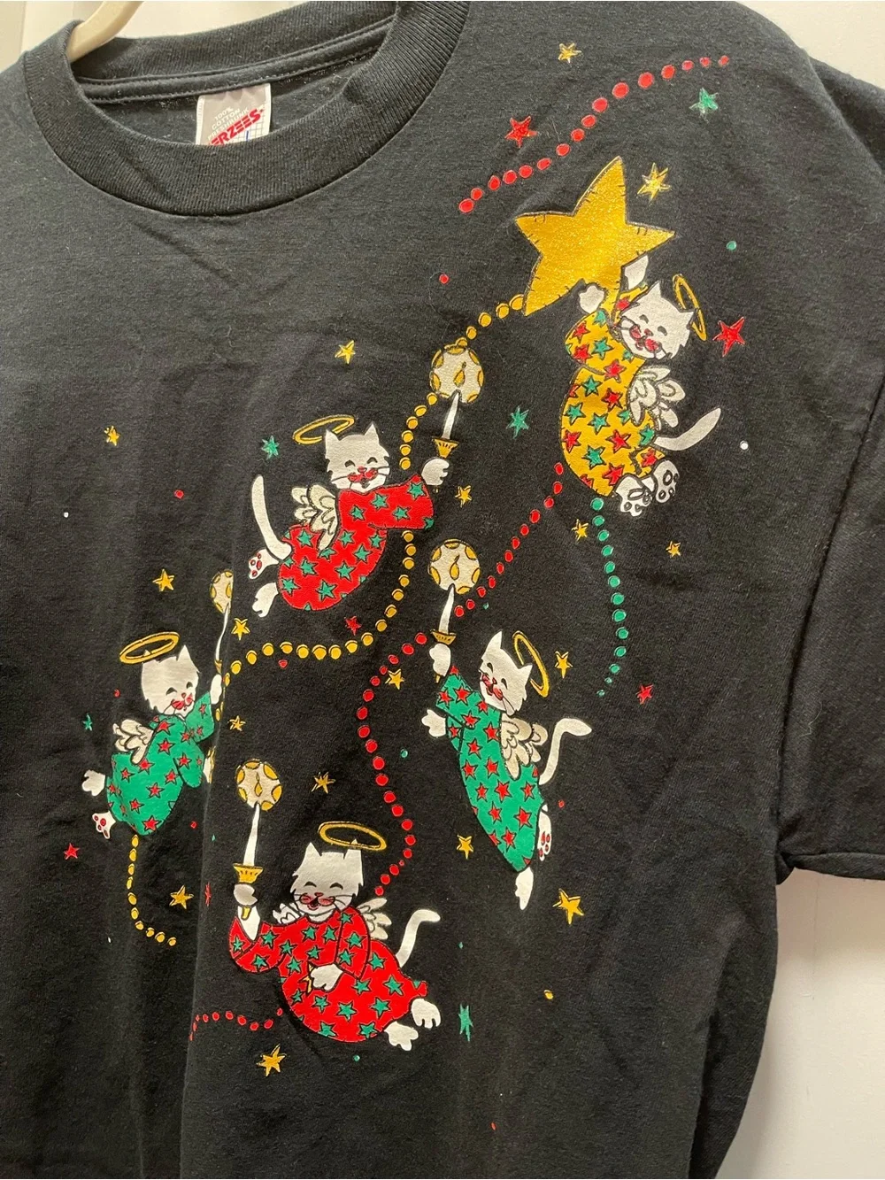 Vintage 90s Jerzees Cat Angel Christmas T Shirt L Black Holiday Graphic USA